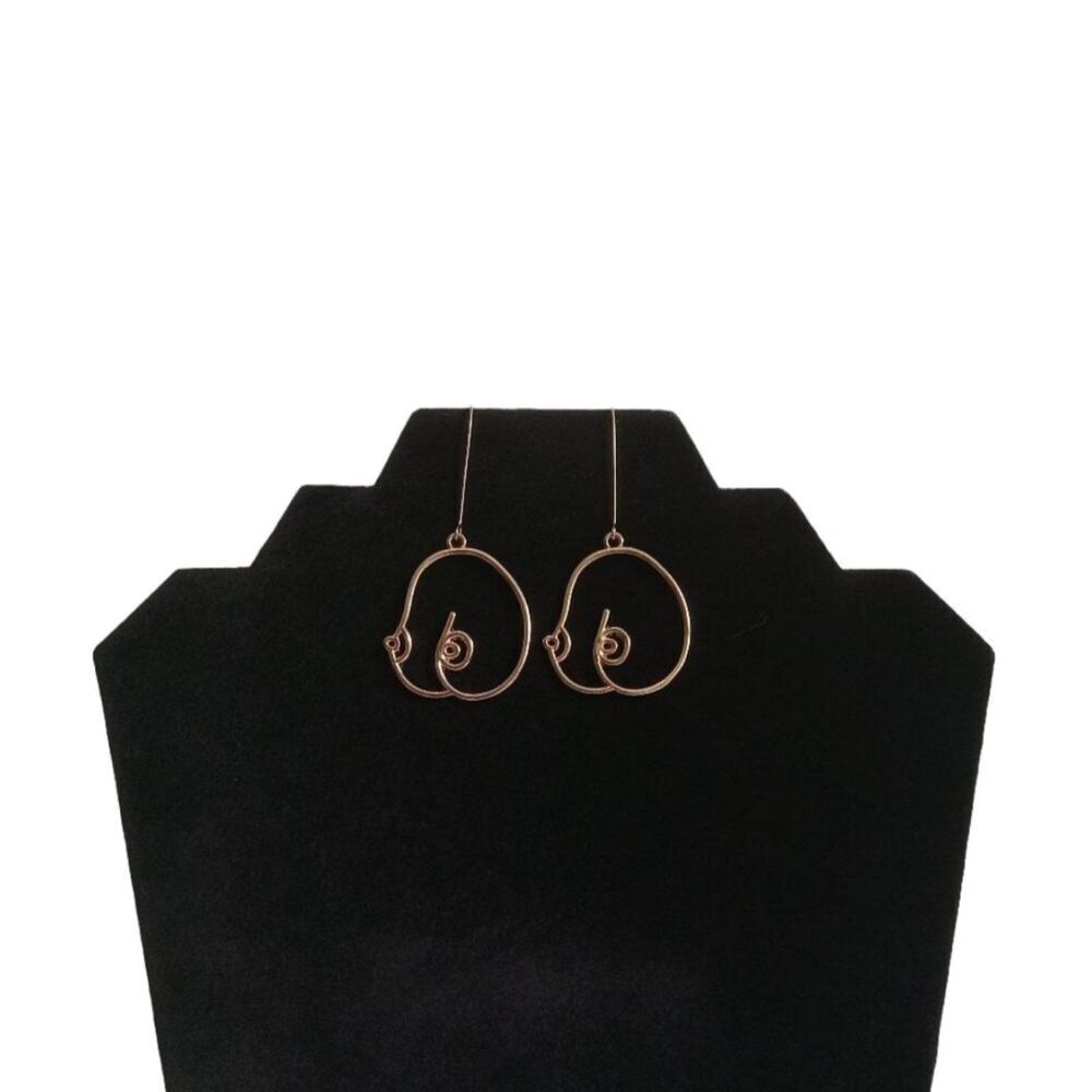 Gold Toned Abstract Women's Breast Lightweight Wire Metal Chest Dangle Earrings